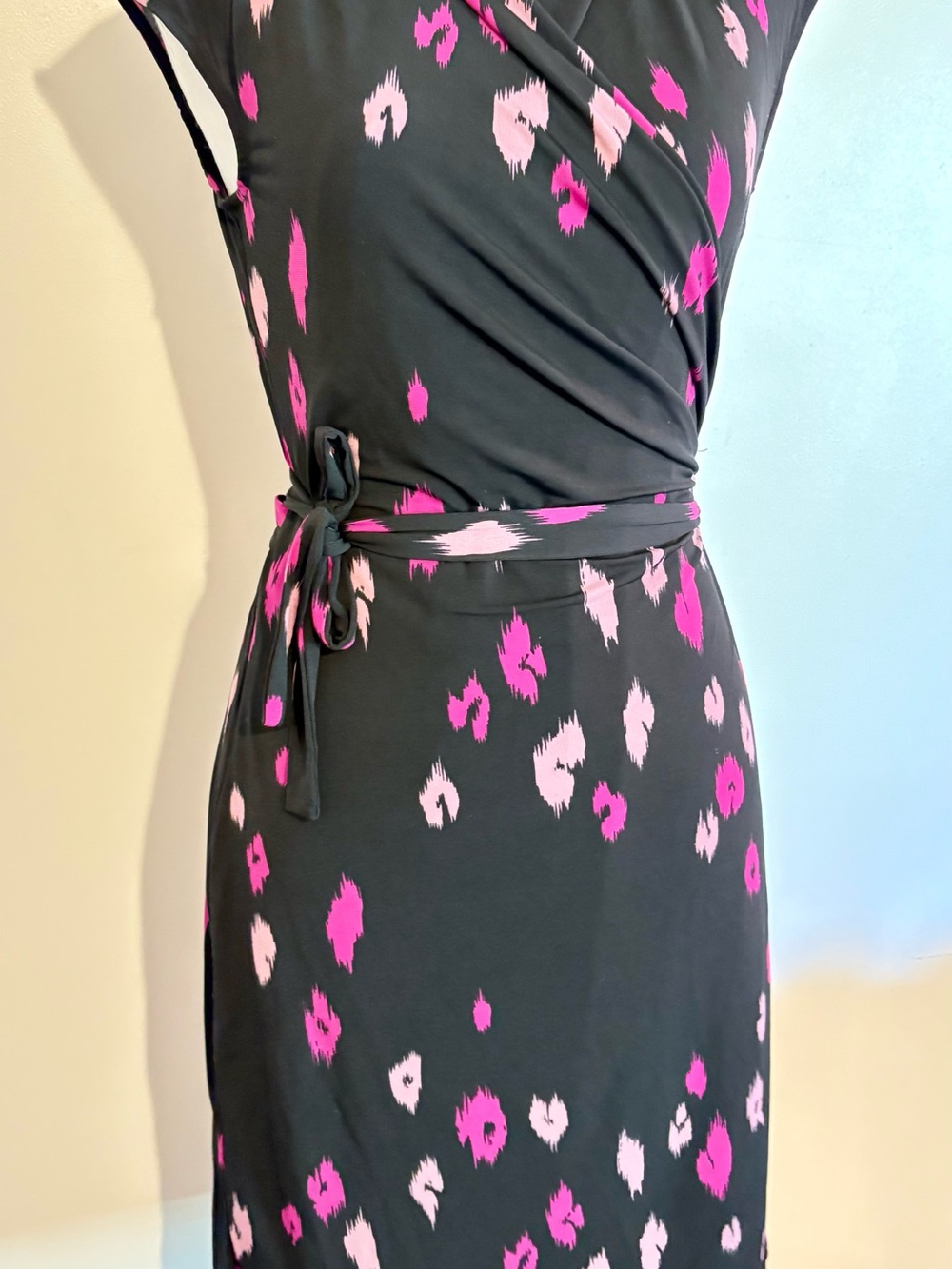 Black Dress with Pink Animal Print Faux Wrap Dress
